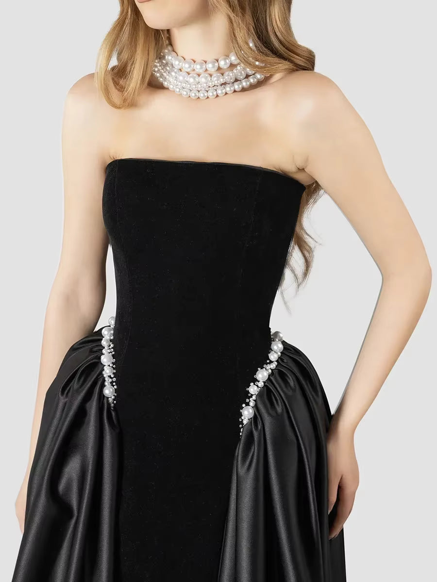 Elegant Strapless Sleeveless Patchwork Solid Temperament Maxi Dress