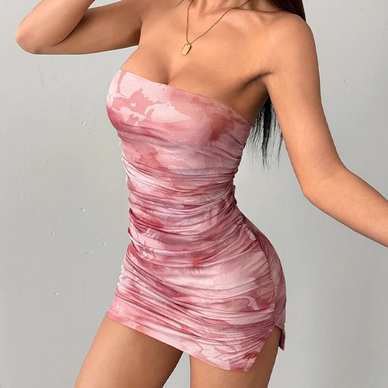 Elegant Strapless Sleeveless Printing Club Party Bodycon Mini Dress