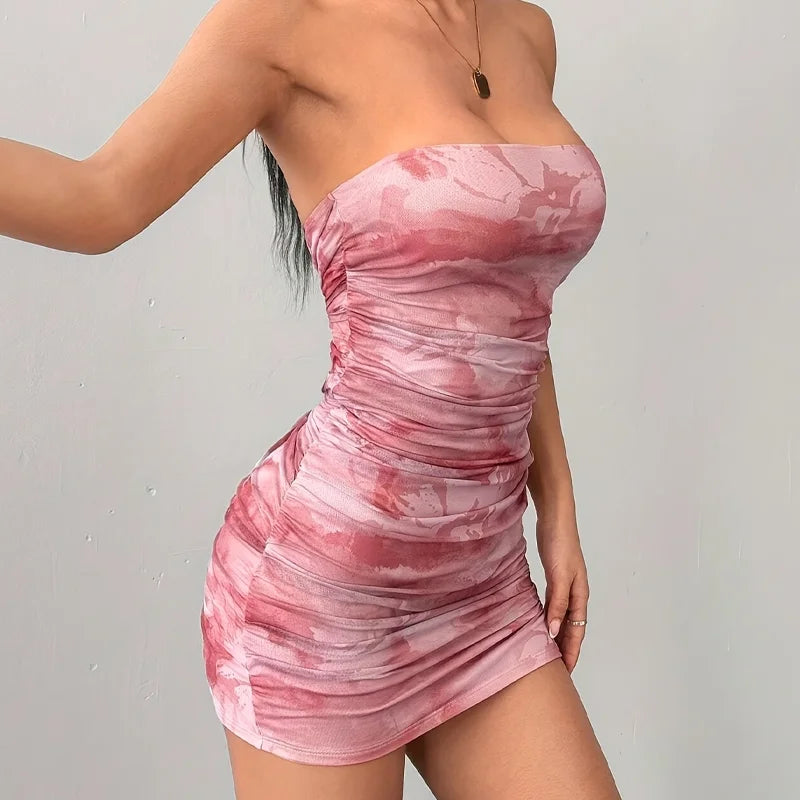 Elegant Strapless Sleeveless Printing Club Party Bodycon Mini Dress