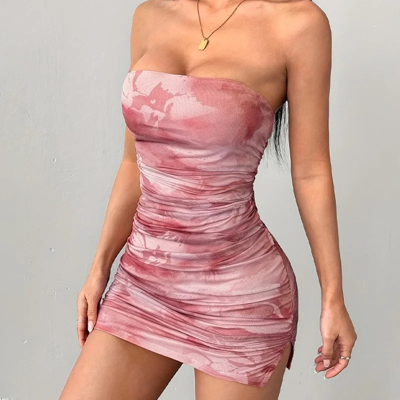 Elegant Strapless Sleeveless Printing Club Party Bodycon Mini Dress
