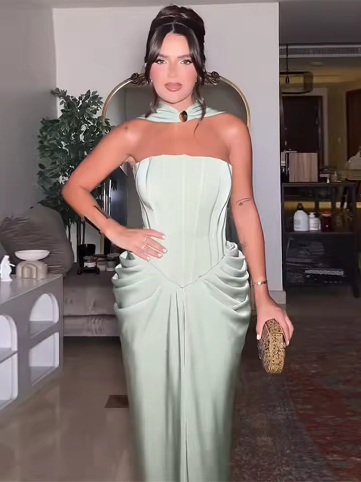 Elegant Strapless Sleeveless Scarf High Waist Vestidos Chic Evening Dresses