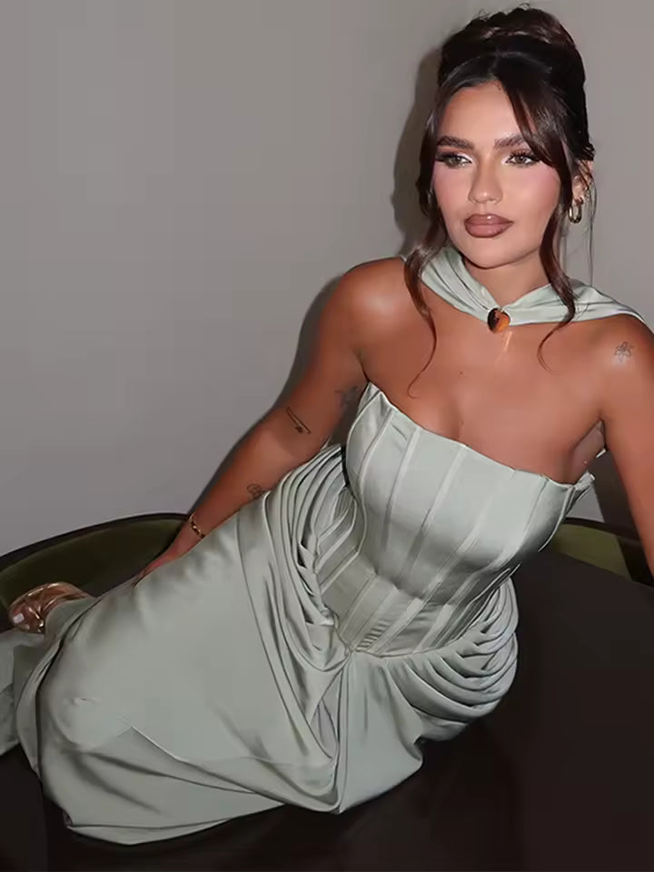 Elegant Strapless Sleeveless Scarf High Waist Vestidos Chic Evening Dresses
