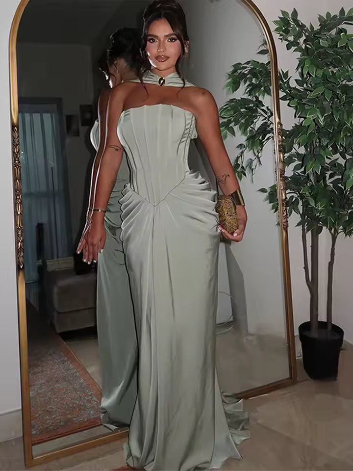 Elegant Strapless Sleeveless Scarf High Waist Vestidos Chic Evening Dresses