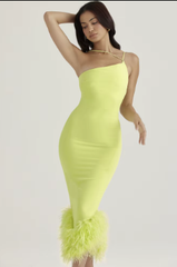 Elegant Strapless Sleeveless Spaghetti Strap Feather Backless Bodycon Midi Dress