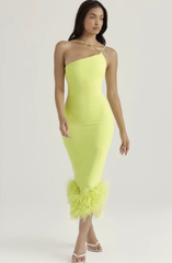 Elegant Strapless Sleeveless Spaghetti Strap Feather Backless Bodycon Midi Dress