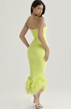 Elegant Strapless Sleeveless Spaghetti Strap Feather Backless Bodycon Midi Dress