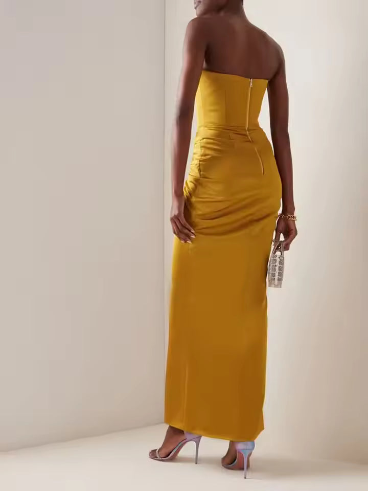 Elegant Strapless Solid Sleeveless Appliques High Waist Pleated Party Maxi Dresses