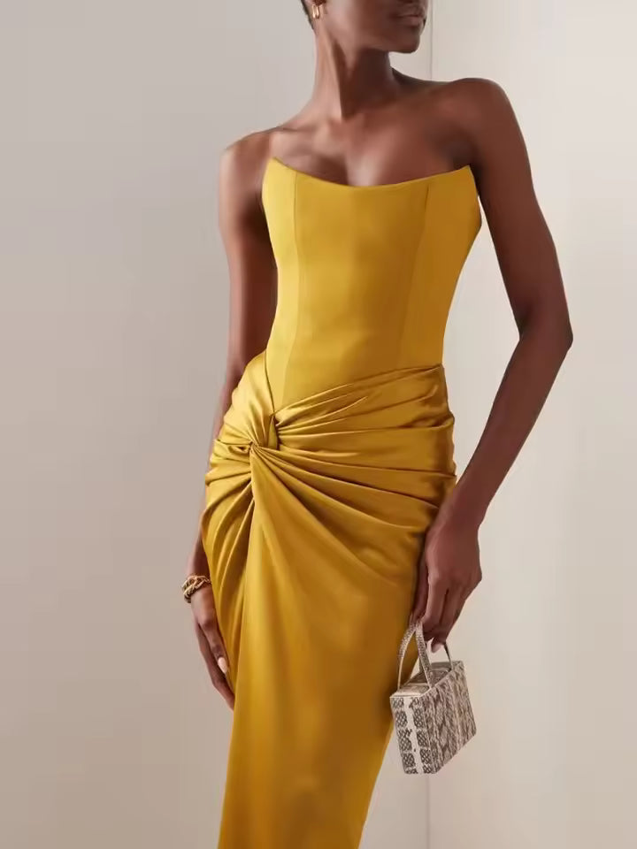 Elegant Strapless Solid Sleeveless Appliques High Waist Pleated Party Maxi Dresses