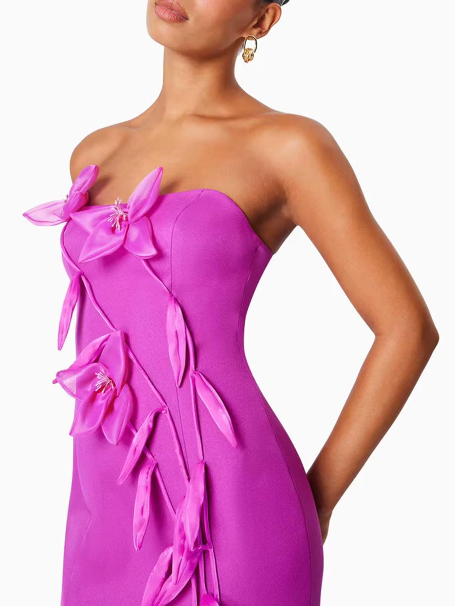 Elegant Strapless Solid Slimming Spliced Appliques High Waist Split Midi Dress