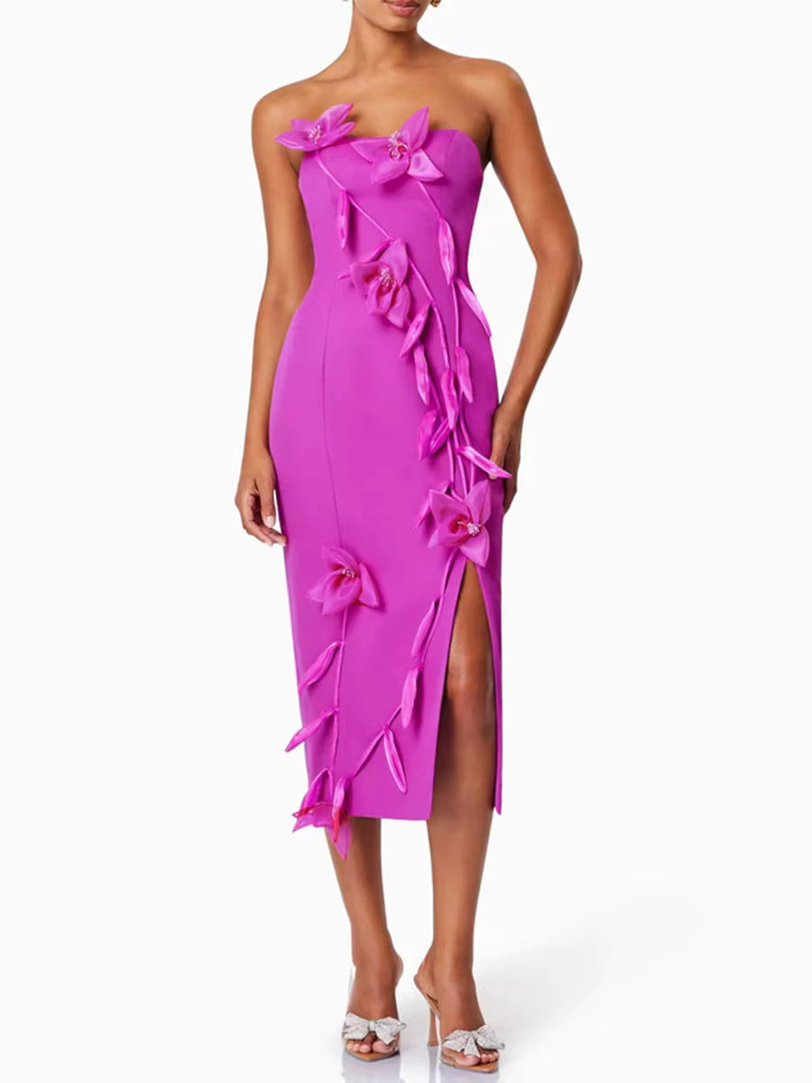 Elegant Strapless Solid Slimming Spliced Appliques High Waist Split Midi Dress
