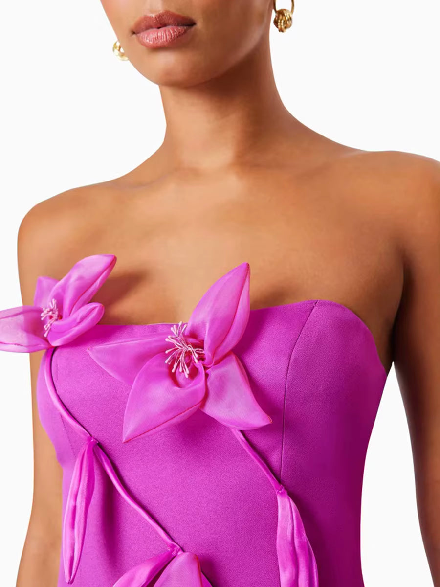 Elegant Strapless Solid Slimming Spliced Appliques High Waist Split Midi Dress