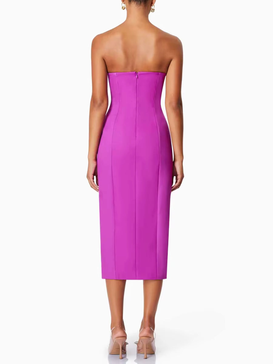 Elegant Strapless Solid Slimming Spliced Appliques High Waist Split Midi Dress