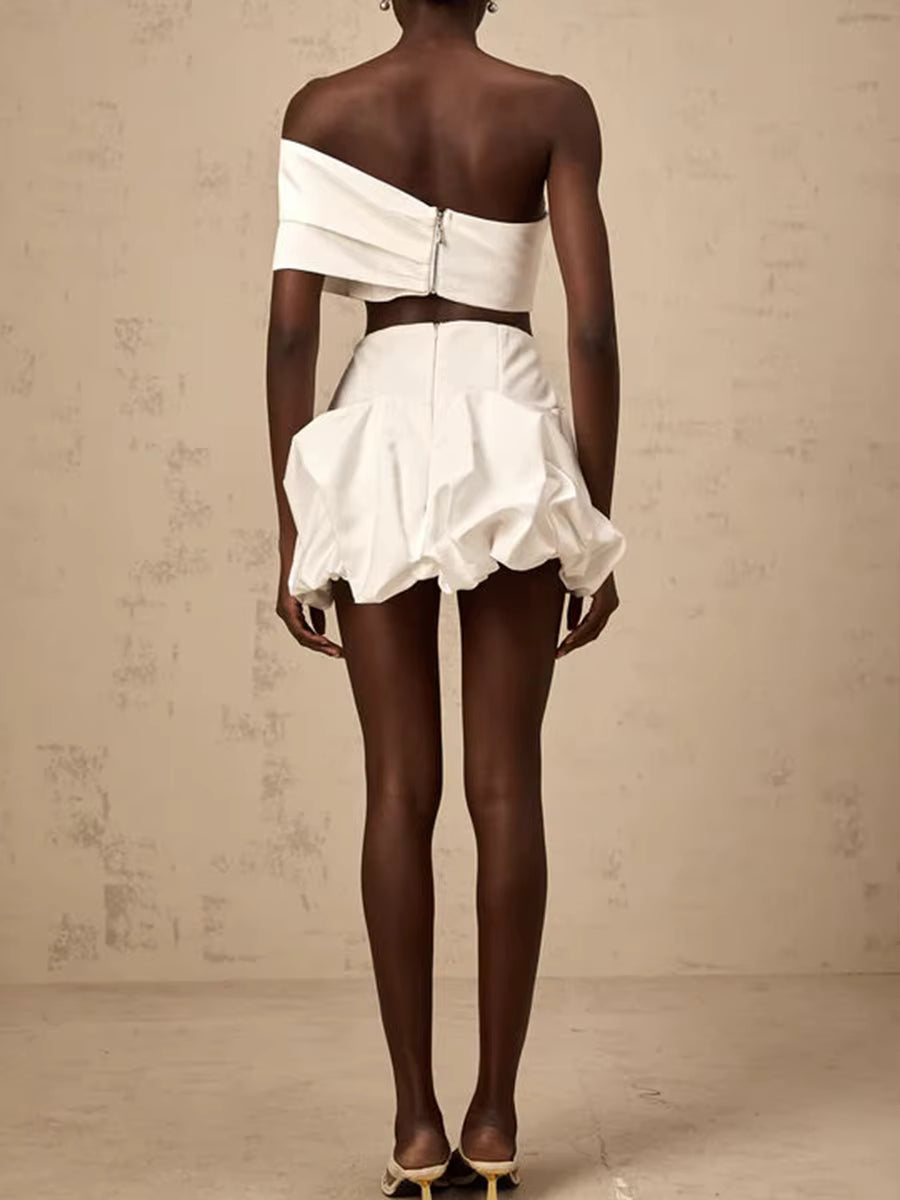 Elegant Strapless Spliced High Waist Patchwork Folds 3D Flower Two Piece Sets