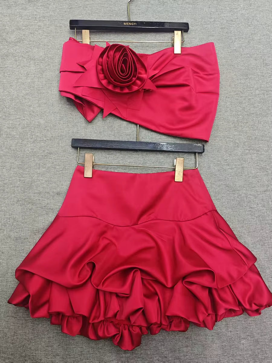 Elegant Strapless Spliced High Waist Patchwork Folds 3D Flower Two Piece Sets