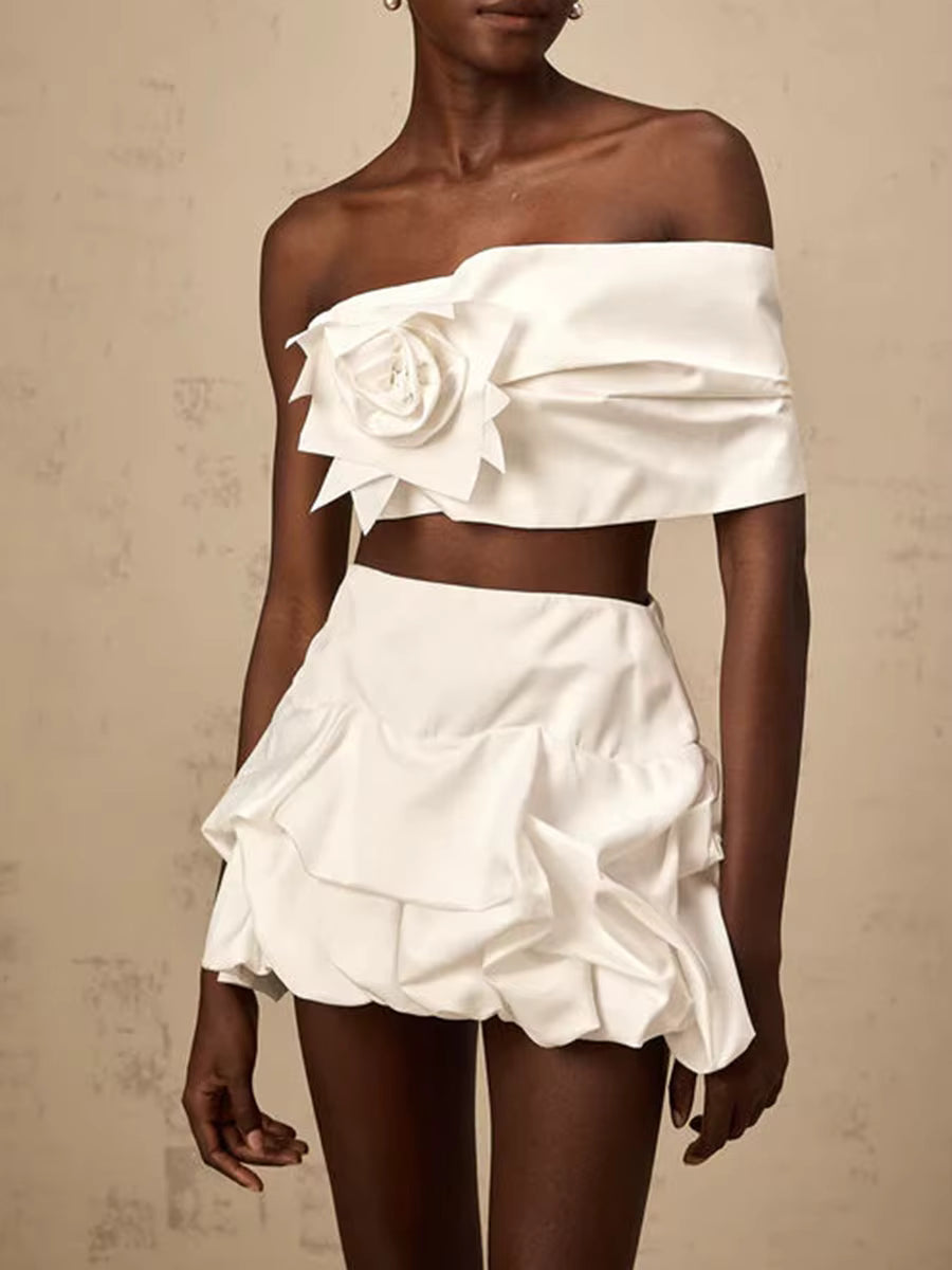 Elegant Strapless Spliced High Waist Patchwork Folds 3D Flower Two Piece Sets