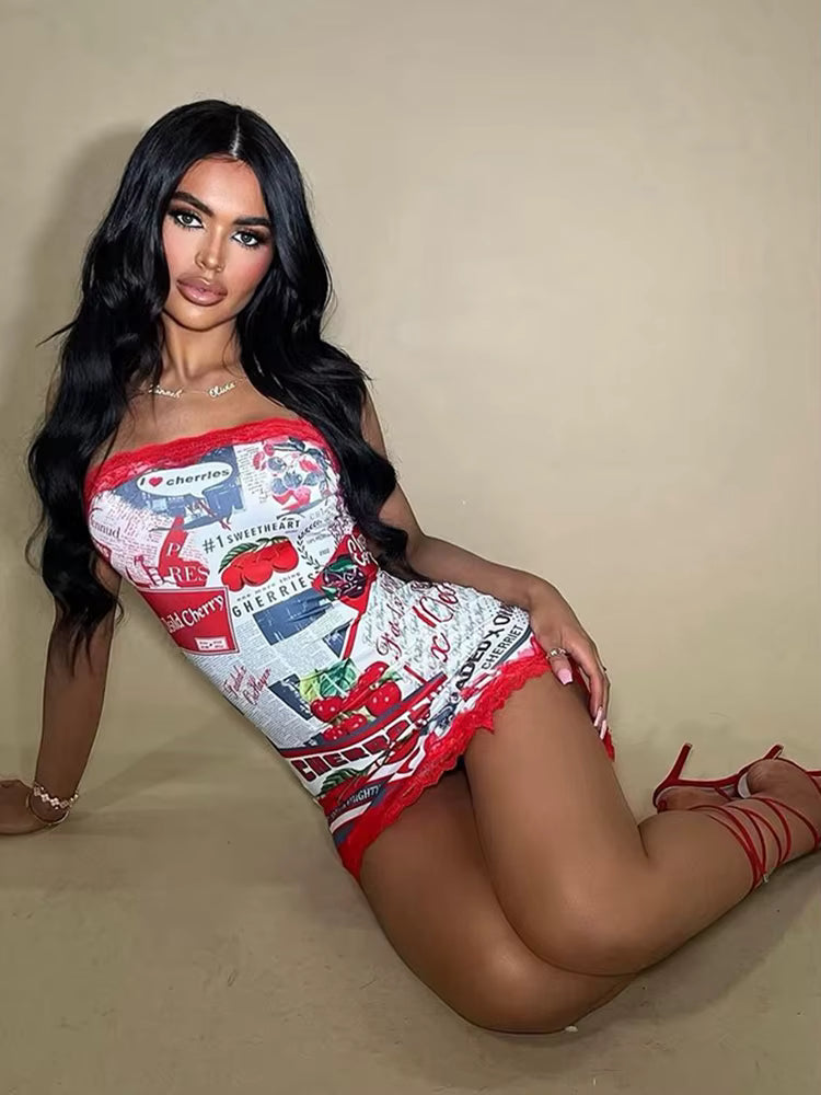 Elegant Strapless Split Lace Patchwork Skinny Vestidos Printed Chest Mini Dresses