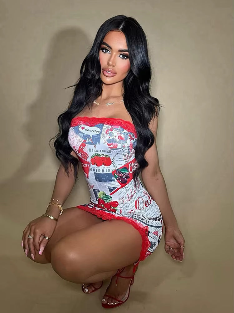 Elegant Strapless Split Lace Patchwork Skinny Vestidos Printed Chest Mini Dresses
