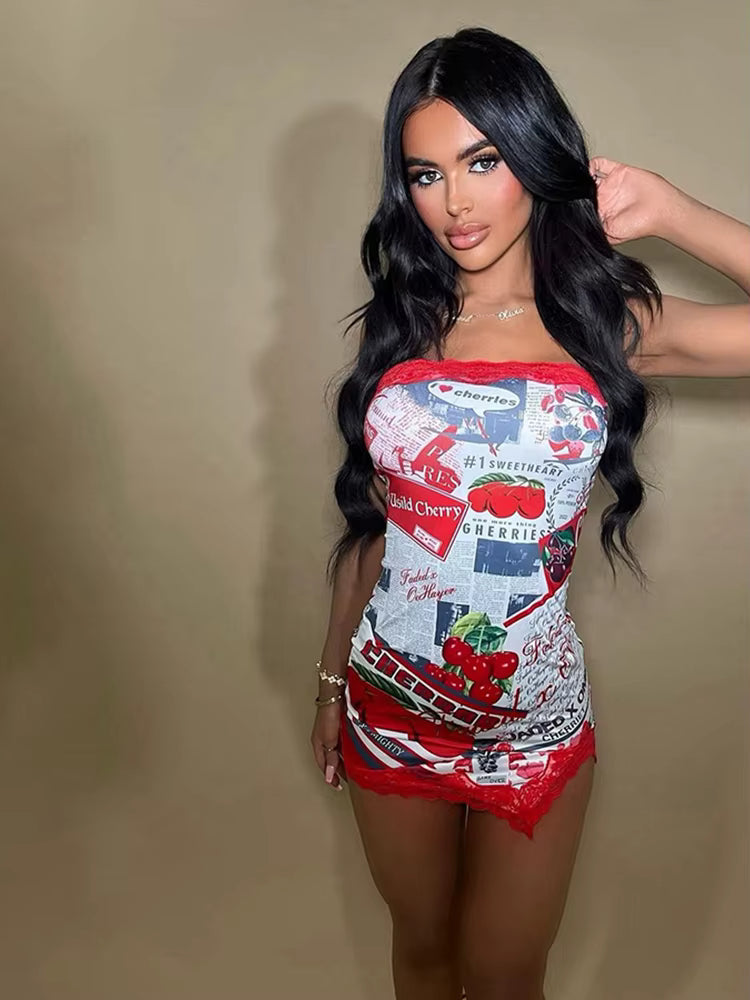 Elegant Strapless Split Lace Patchwork Skinny Vestidos Printed Chest Mini Dresses