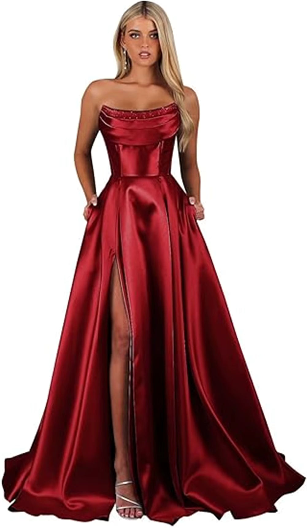 Elegant Strapless With Pocket A Line Wedding Corset Formal Evening Prom Maxi Dress