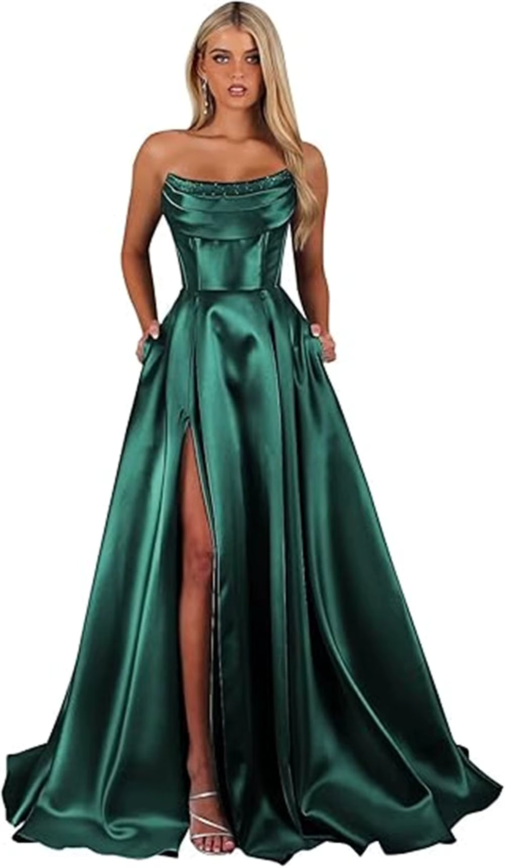 Elegant Strapless With Pocket A Line Wedding Corset Formal Evening Prom Maxi Dress