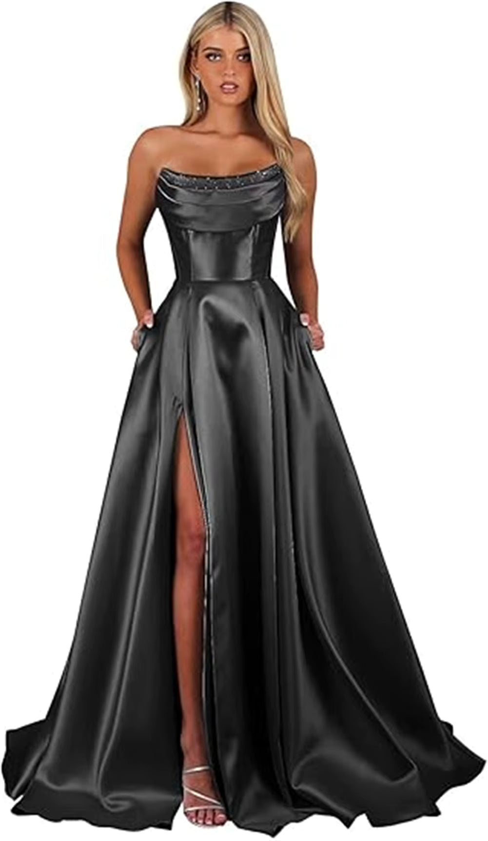 Elegant Strapless With Pocket A Line Wedding Corset Formal Evening Prom Maxi Dress