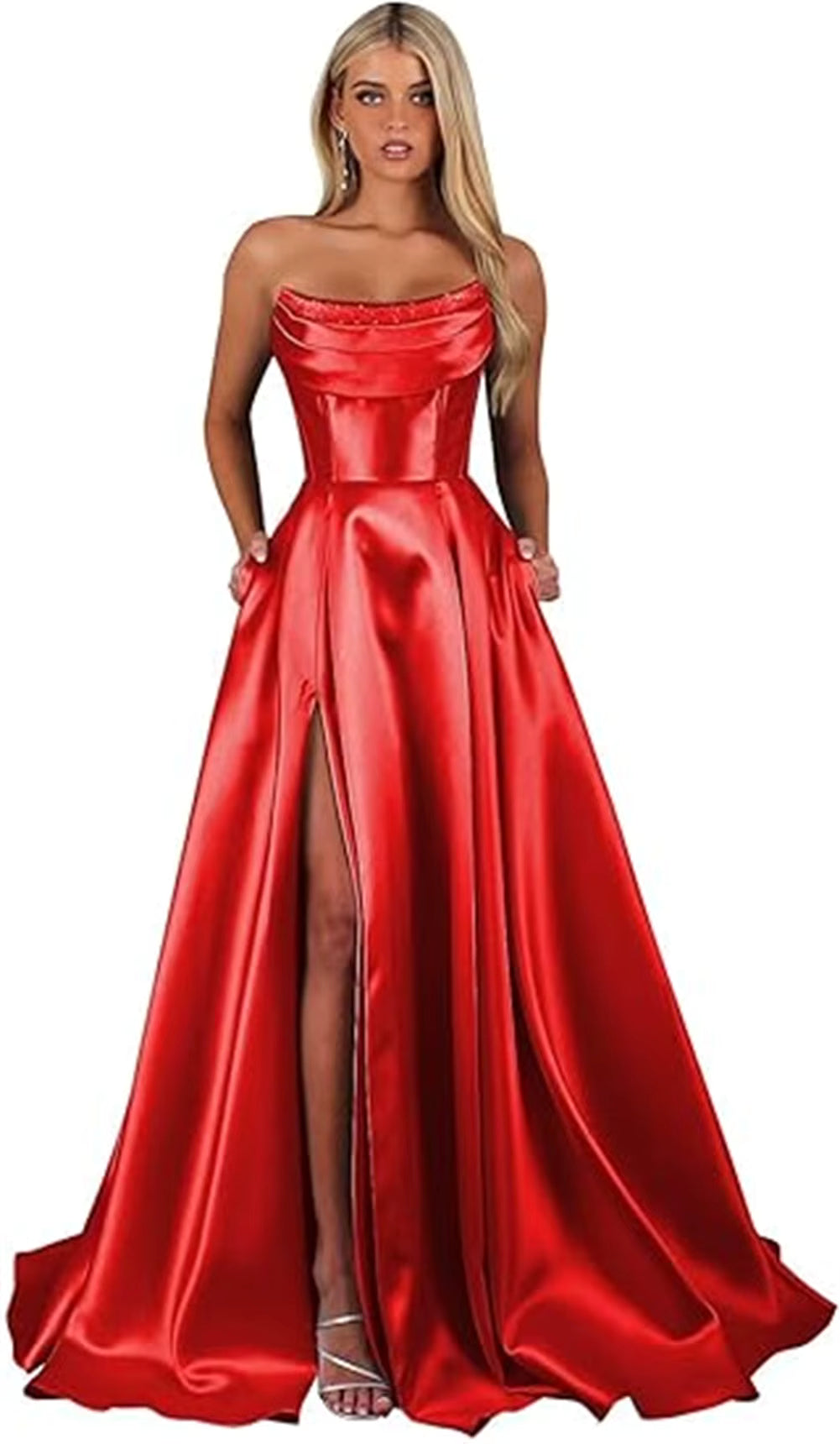 Elegant Strapless With Pocket A Line Wedding Corset Formal Evening Prom Maxi Dress