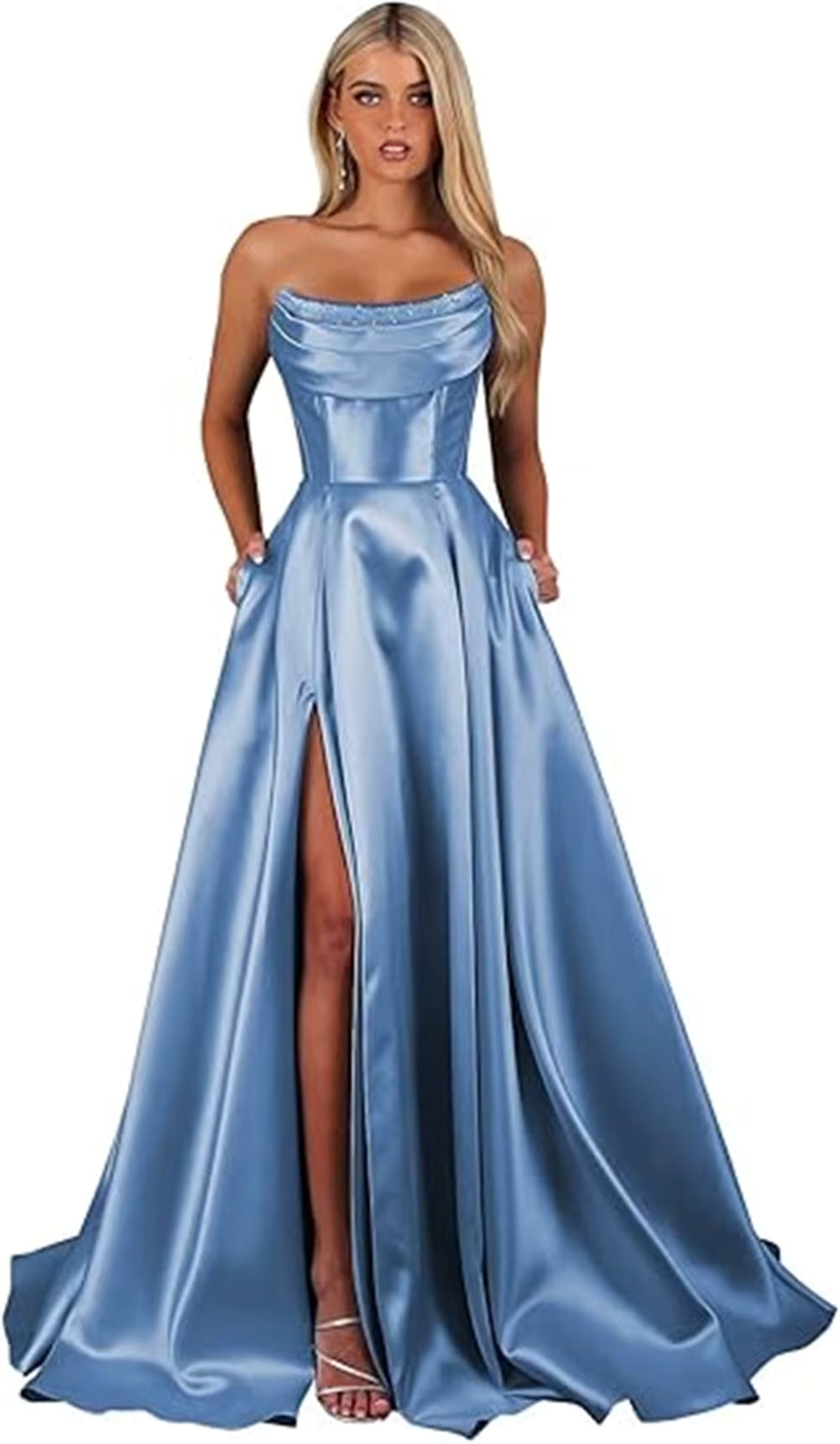 Elegant Strapless With Pocket A Line Wedding Corset Formal Evening Prom Maxi Dress