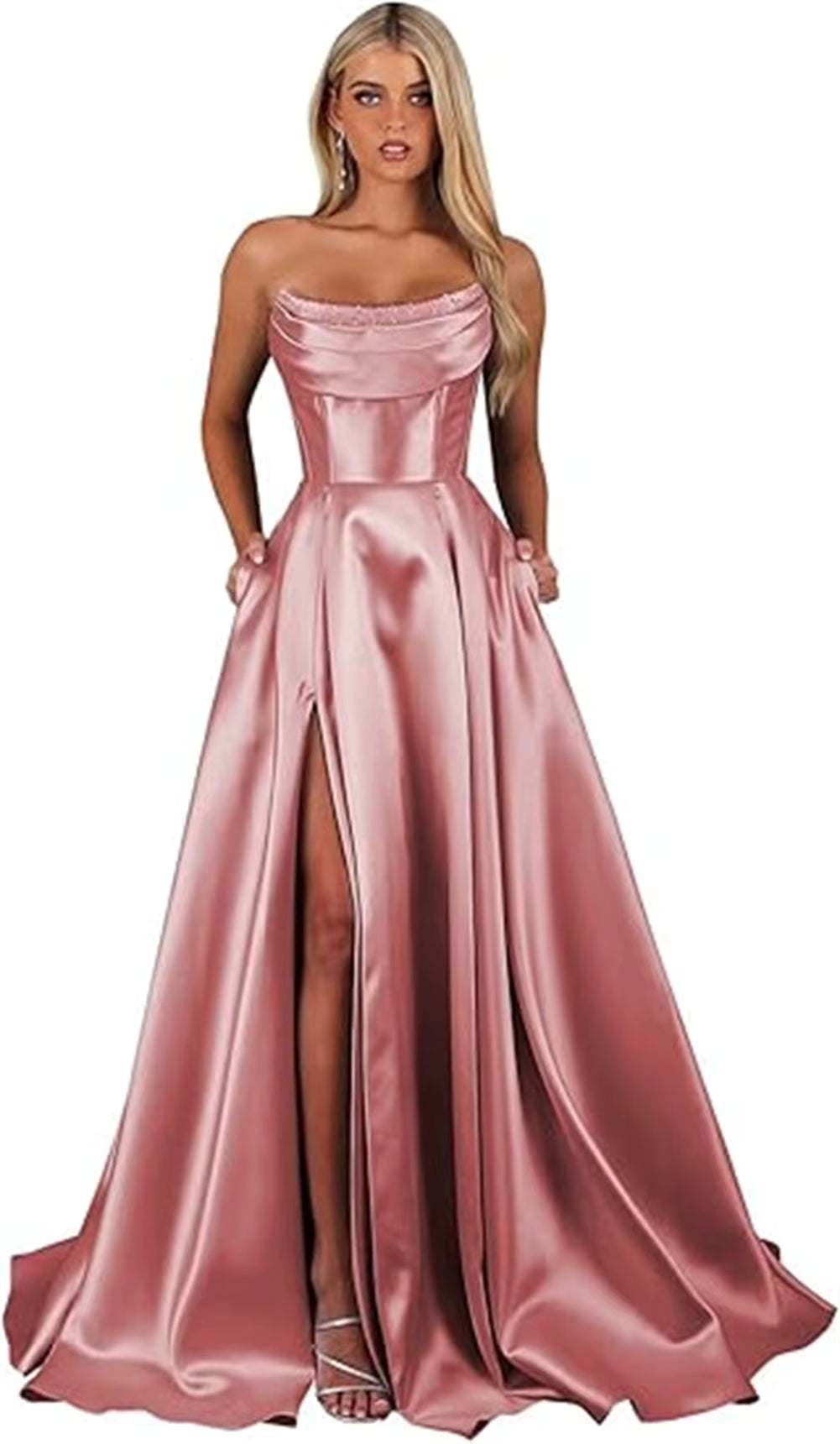 Elegant Strapless With Pocket A Line Wedding Corset Formal Evening Prom Maxi Dress