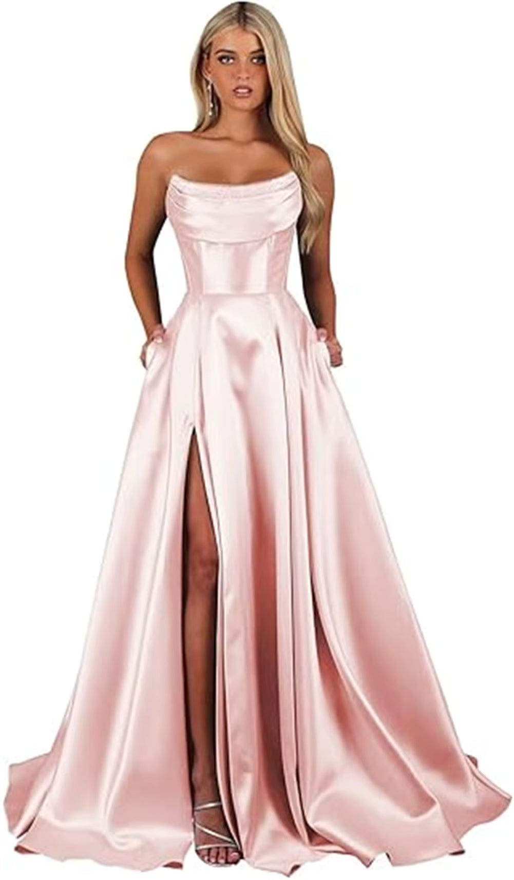 Elegant Strapless With Pocket A Line Wedding Corset Formal Evening Prom Maxi Dress