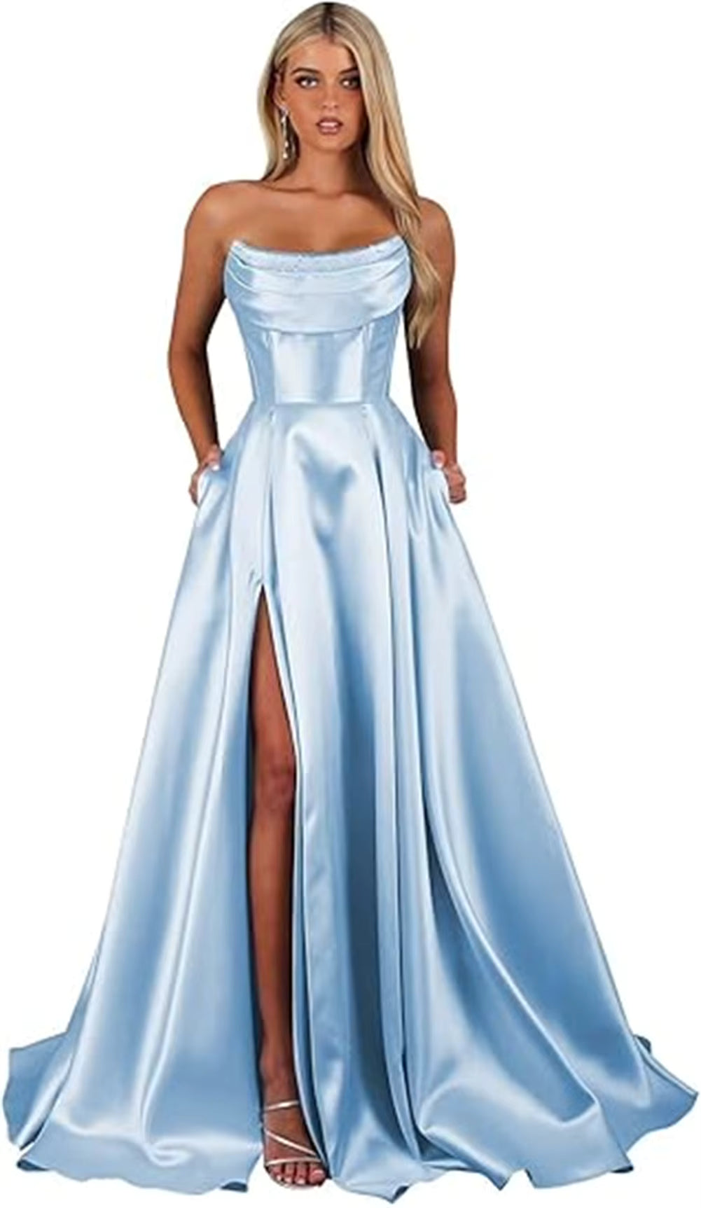 Elegant Strapless With Pocket A Line Wedding Corset Formal Evening Prom Maxi Dress