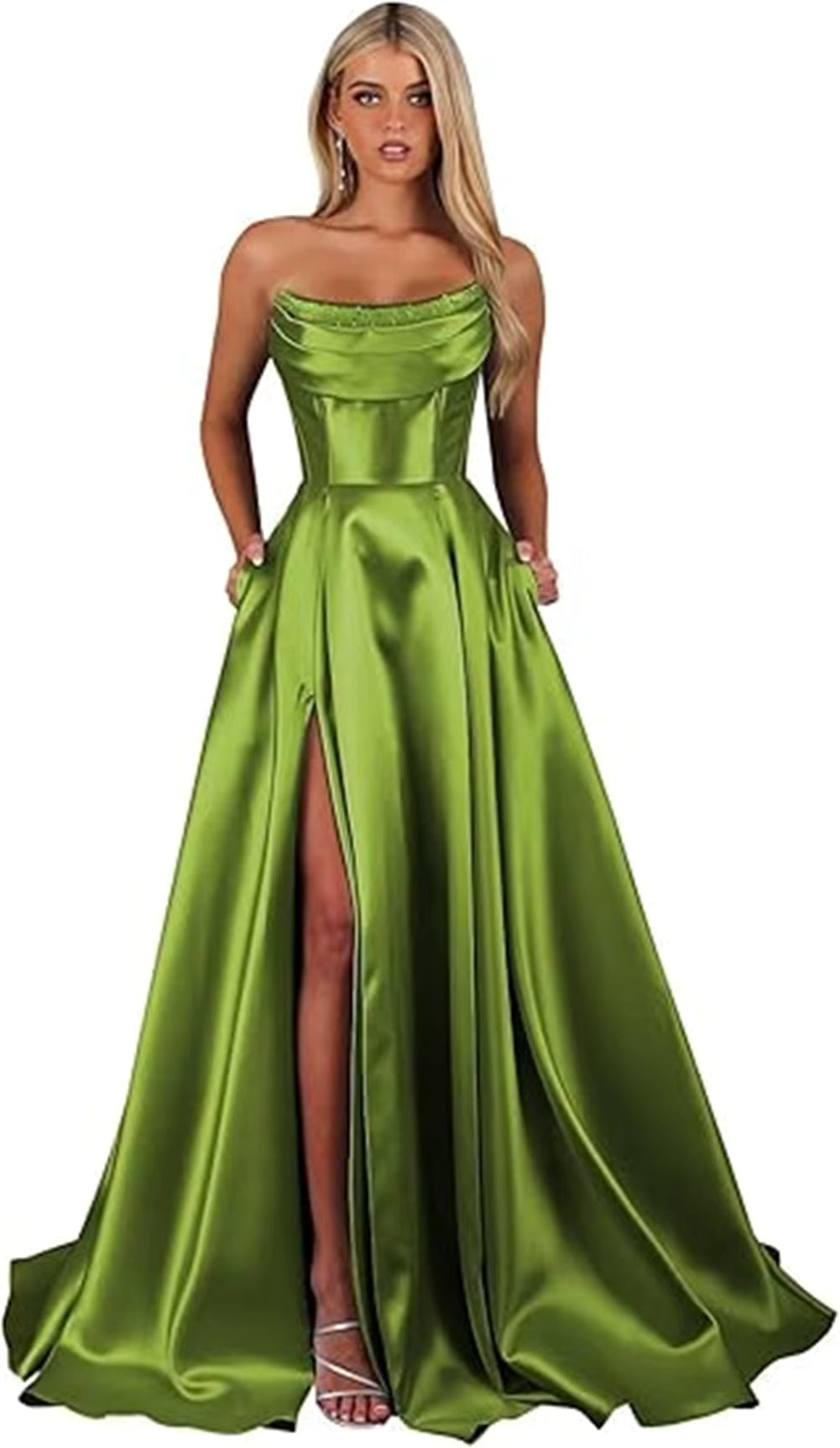 Elegant Strapless With Pocket A Line Wedding Corset Formal Evening Prom Maxi Dress