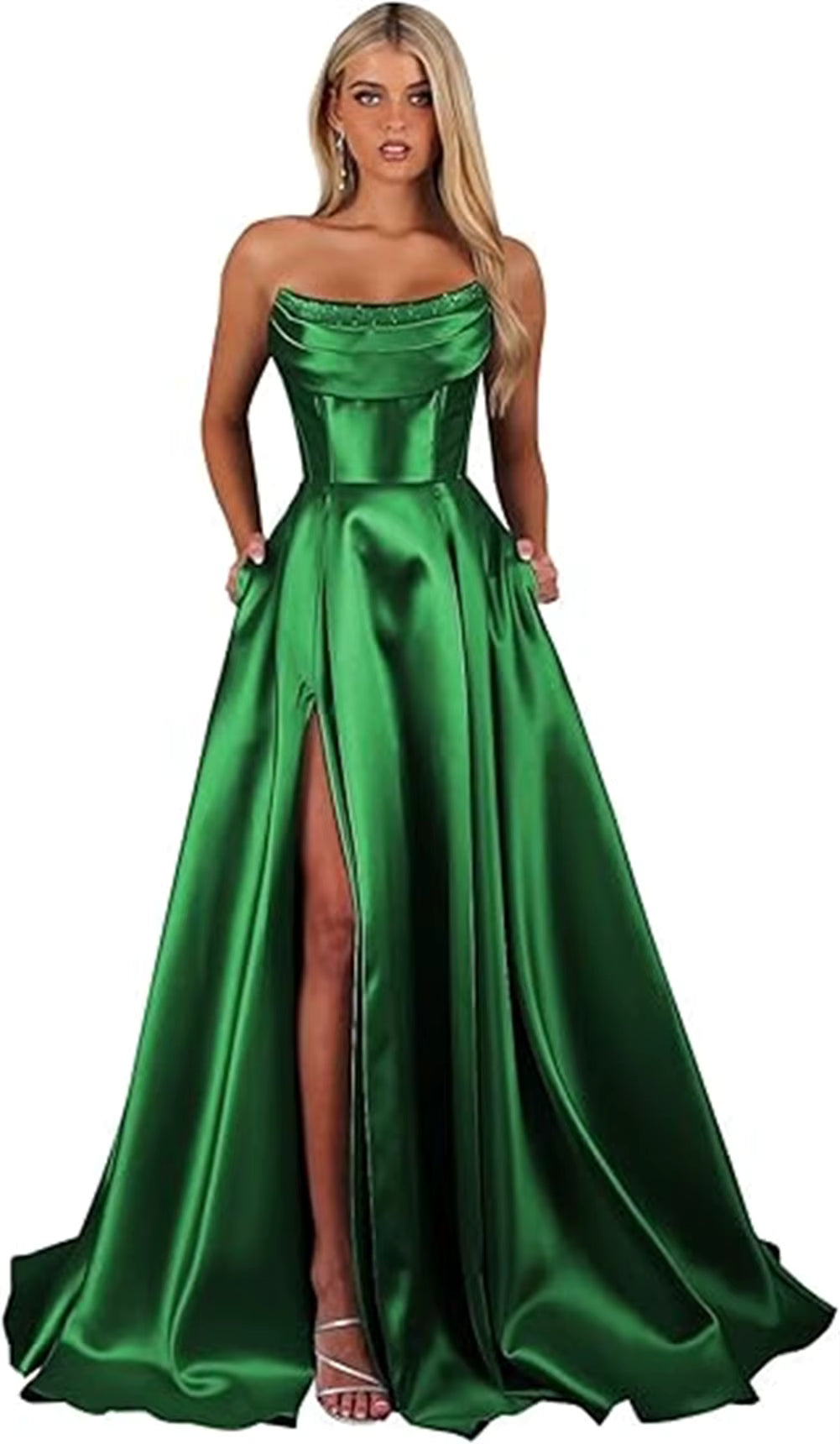 Elegant Strapless With Pocket A Line Wedding Corset Formal Evening Prom Maxi Dress