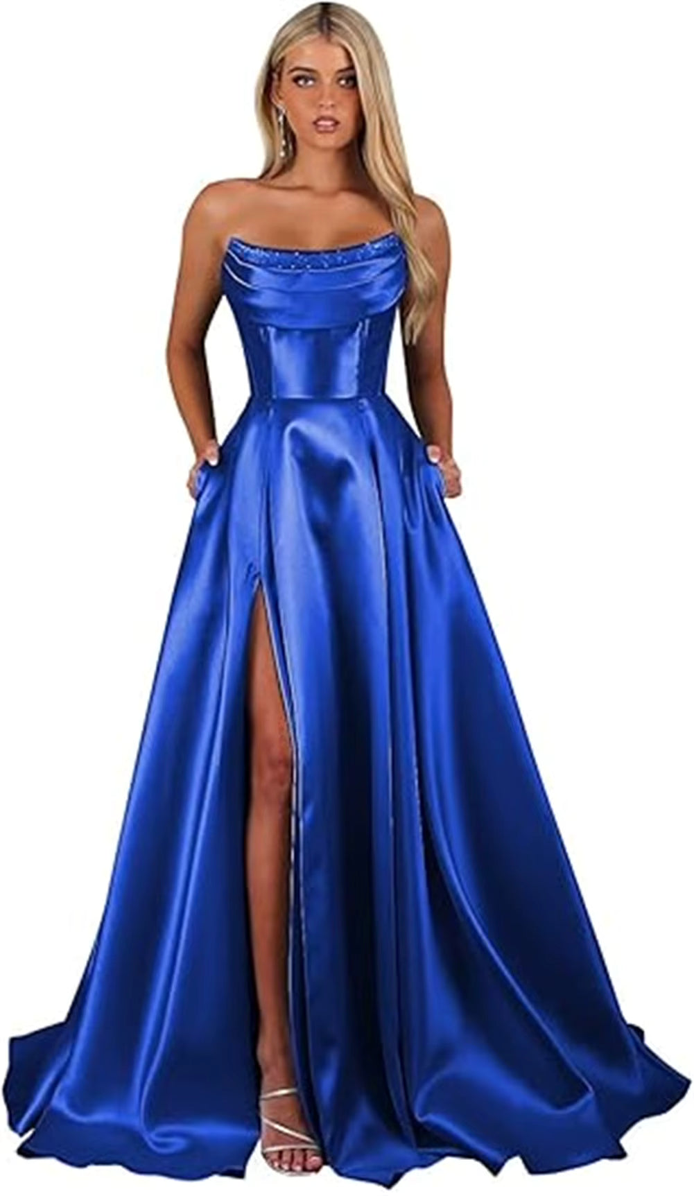 Elegant Strapless With Pocket A Line Wedding Corset Formal Evening Prom Maxi Dress