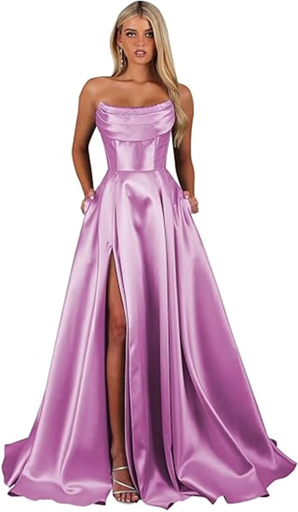 Elegant Strapless With Pocket A Line Wedding Corset Formal Evening Prom Maxi Dress