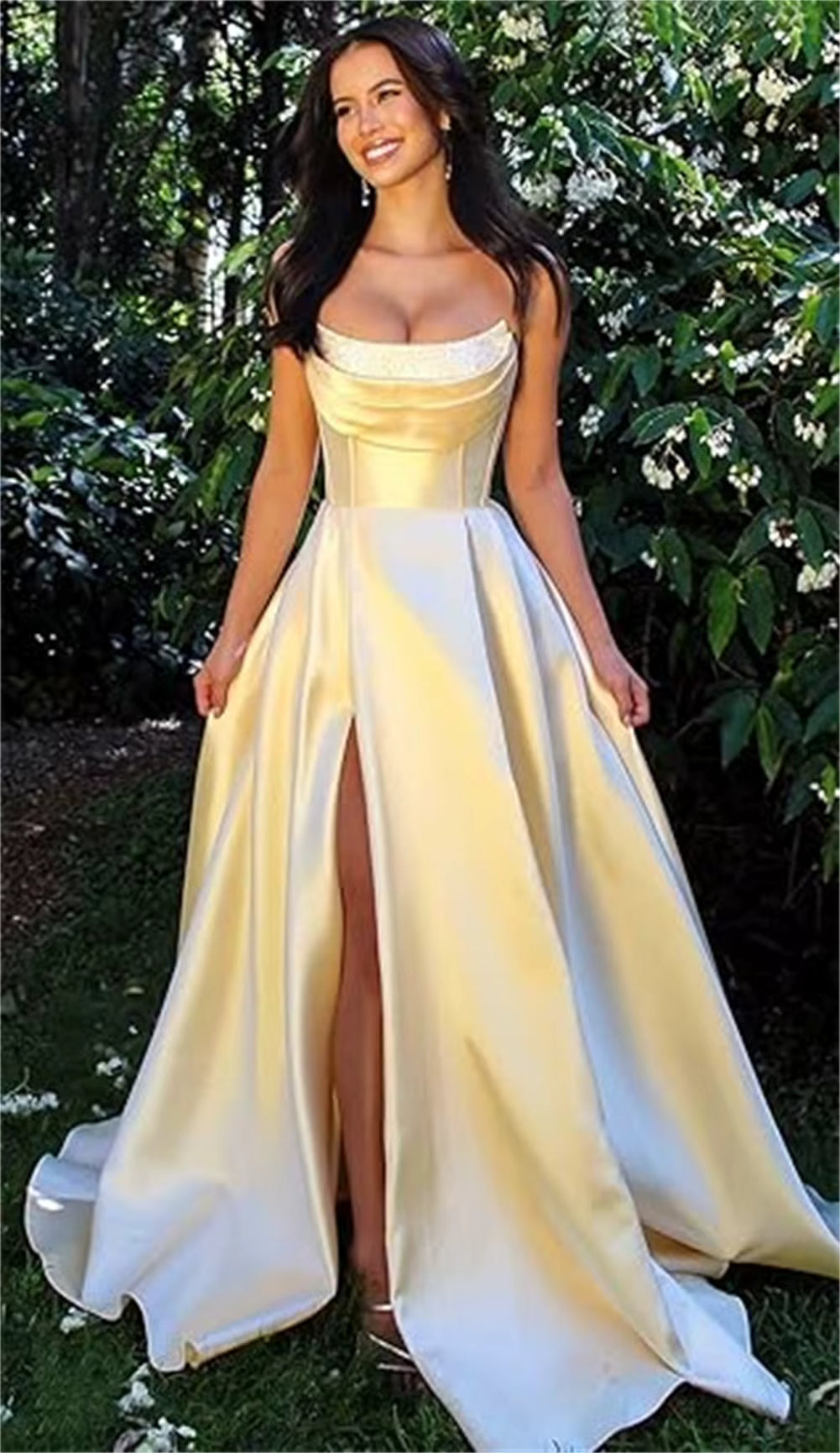 Elegant Strapless With Pocket A Line Wedding Corset Formal Evening Prom Maxi Dress