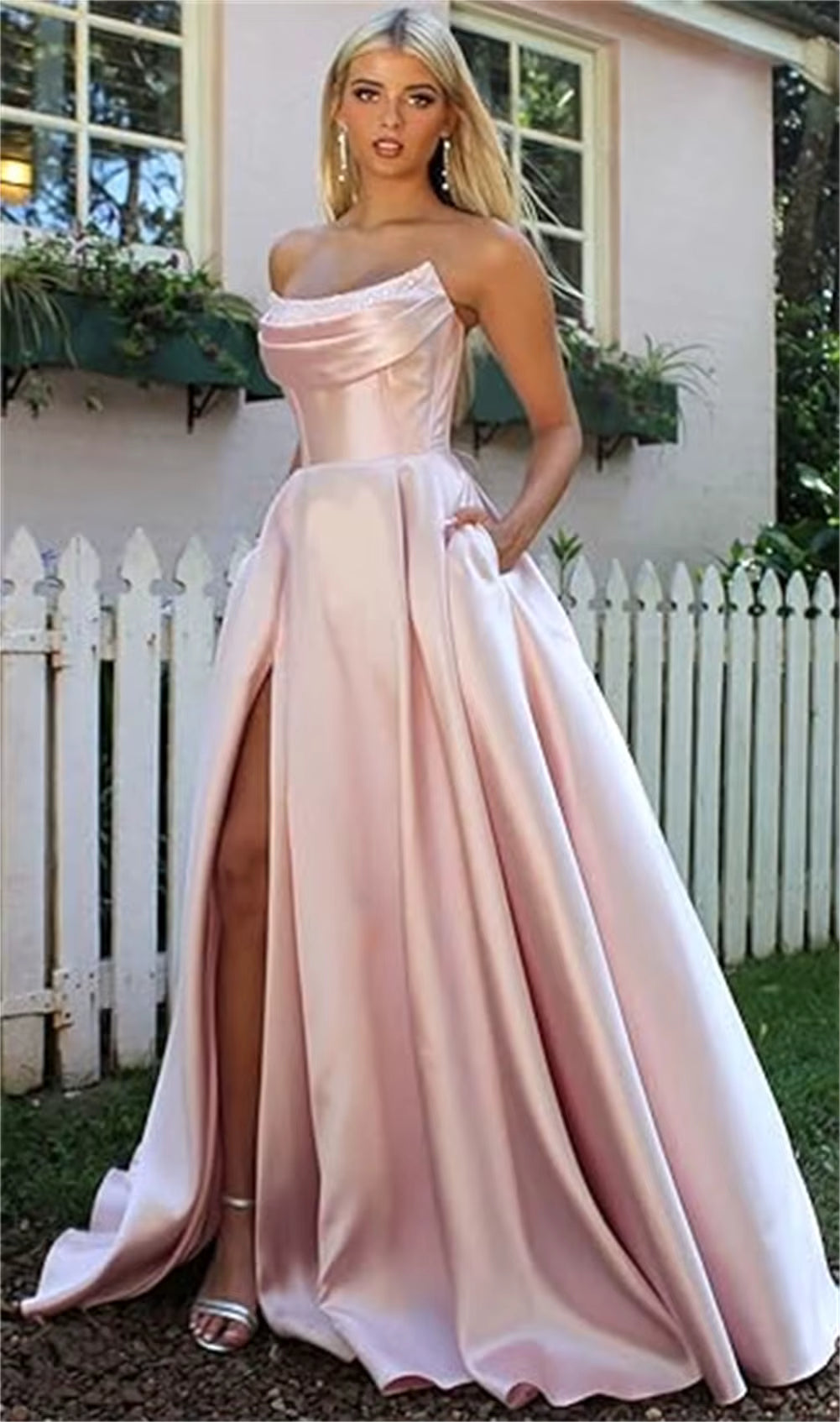 Elegant Strapless With Pocket A Line Wedding Corset Formal Evening Prom Maxi Dress