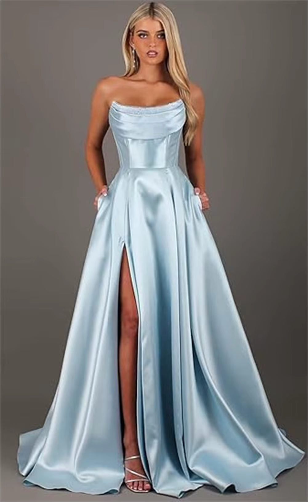 Elegant Strapless With Pocket A Line Wedding Corset Formal Evening Prom Maxi Dress