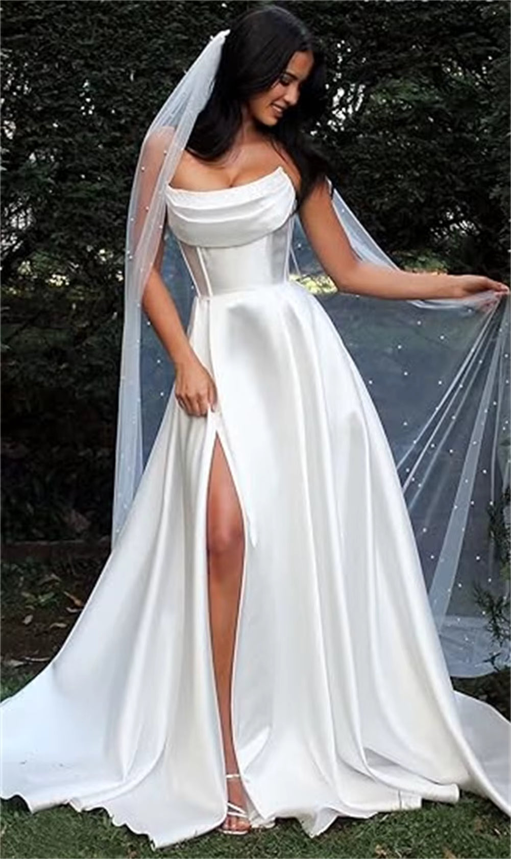 Elegant Strapless With Pocket A Line Wedding Corset Formal Evening Prom Maxi Dress