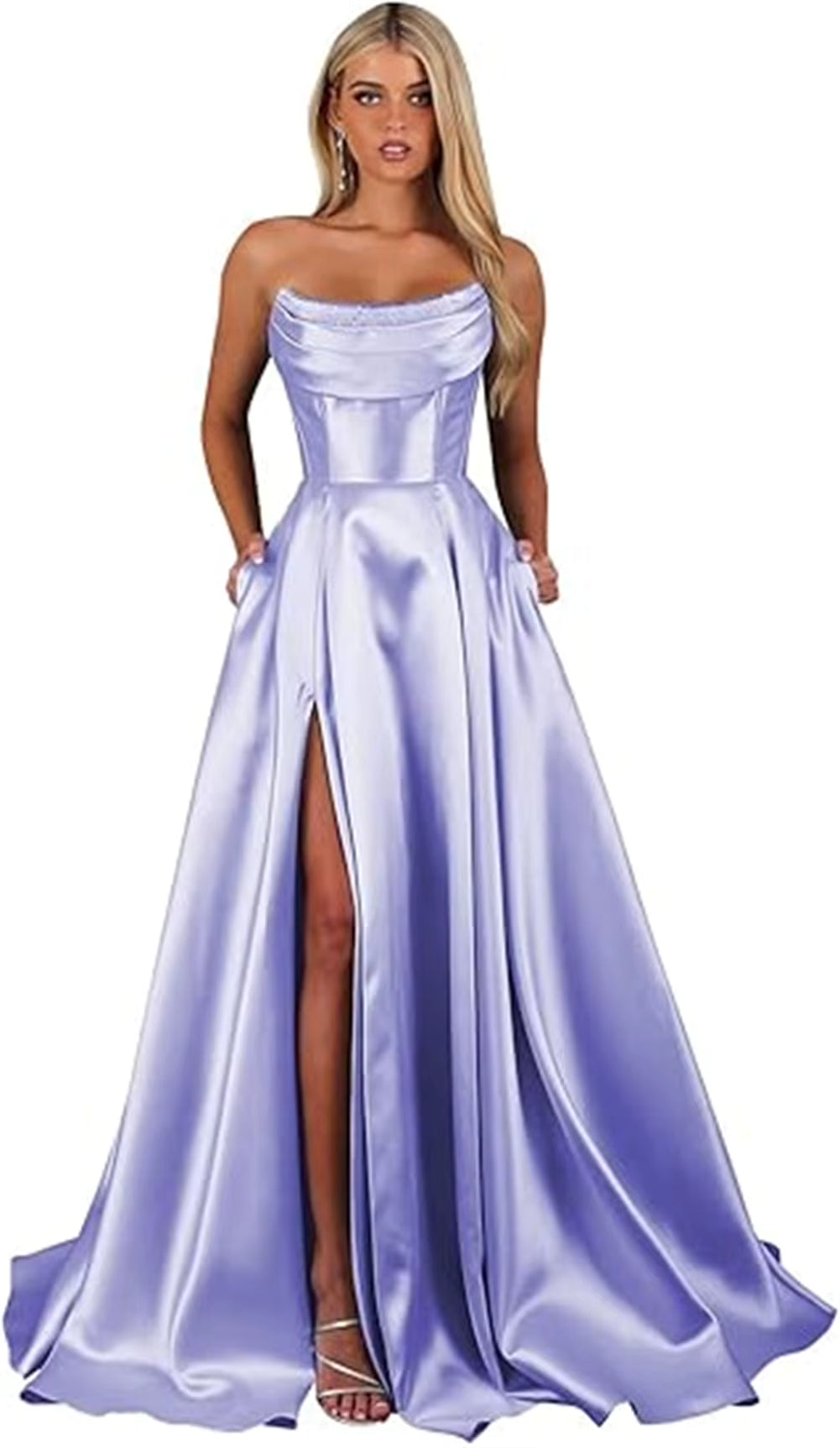 Elegant Strapless With Pocket A Line Wedding Corset Formal Evening Prom Maxi Dress