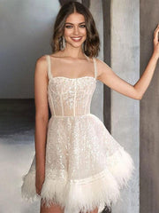Elegant Straps Neck Sequins Sleeveless Sheer Birthday Party Mini Dress