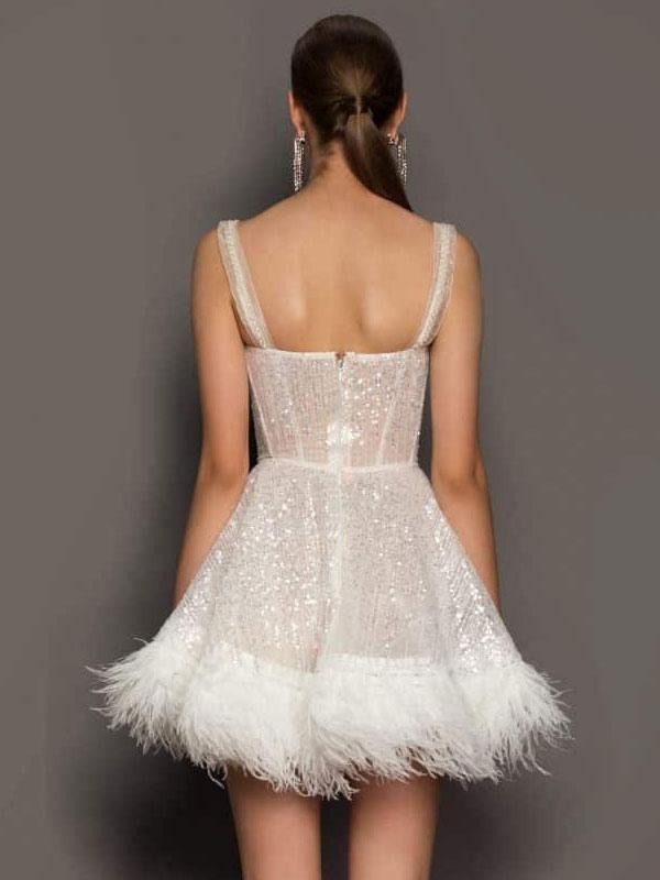 Elegant Straps Neck Sequins Sleeveless Sheer Birthday Party Mini Dress