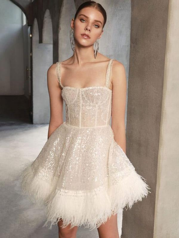 Elegant Straps Neck Sequins Sleeveless Sheer Birthday Party Mini Dress