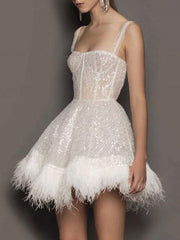 Elegant Straps Neck Sequins Sleeveless Sheer Birthday Party Mini Dress