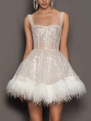 Elegant Straps Neck Sequins Sleeveless Sheer Birthday Party Mini Dress