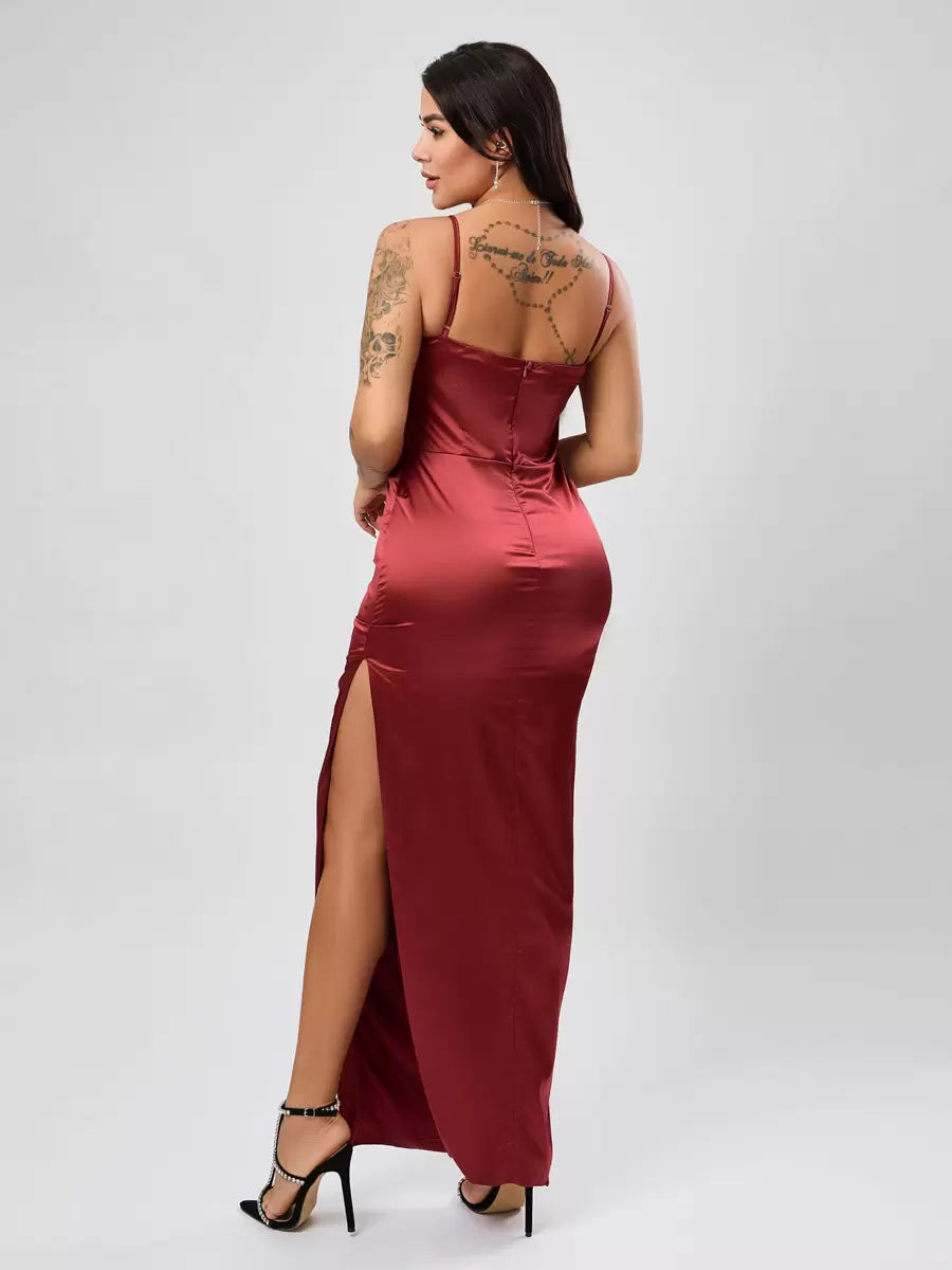 Elegant Straps Neck Split Front Sleeveless High-slit Semi Formal Party Dress