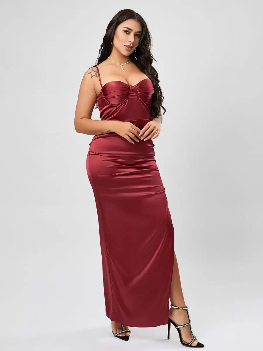 Elegant Straps Neck Split Front Sleeveless High-slit Semi Formal Party Dress