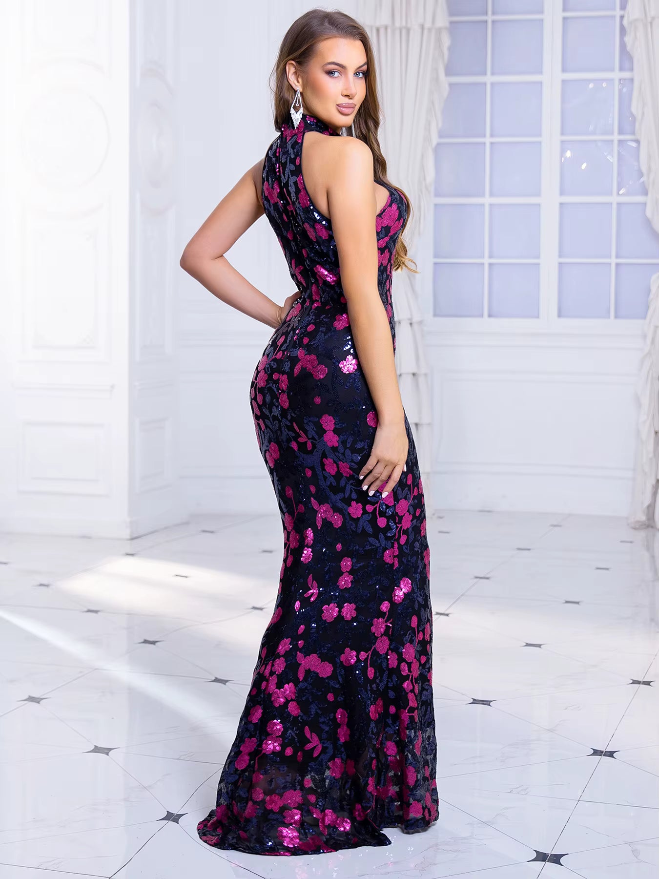 Elegant Stretch High Neck Floral Sequined Sleeveless Long Party Evening Maxi Dress