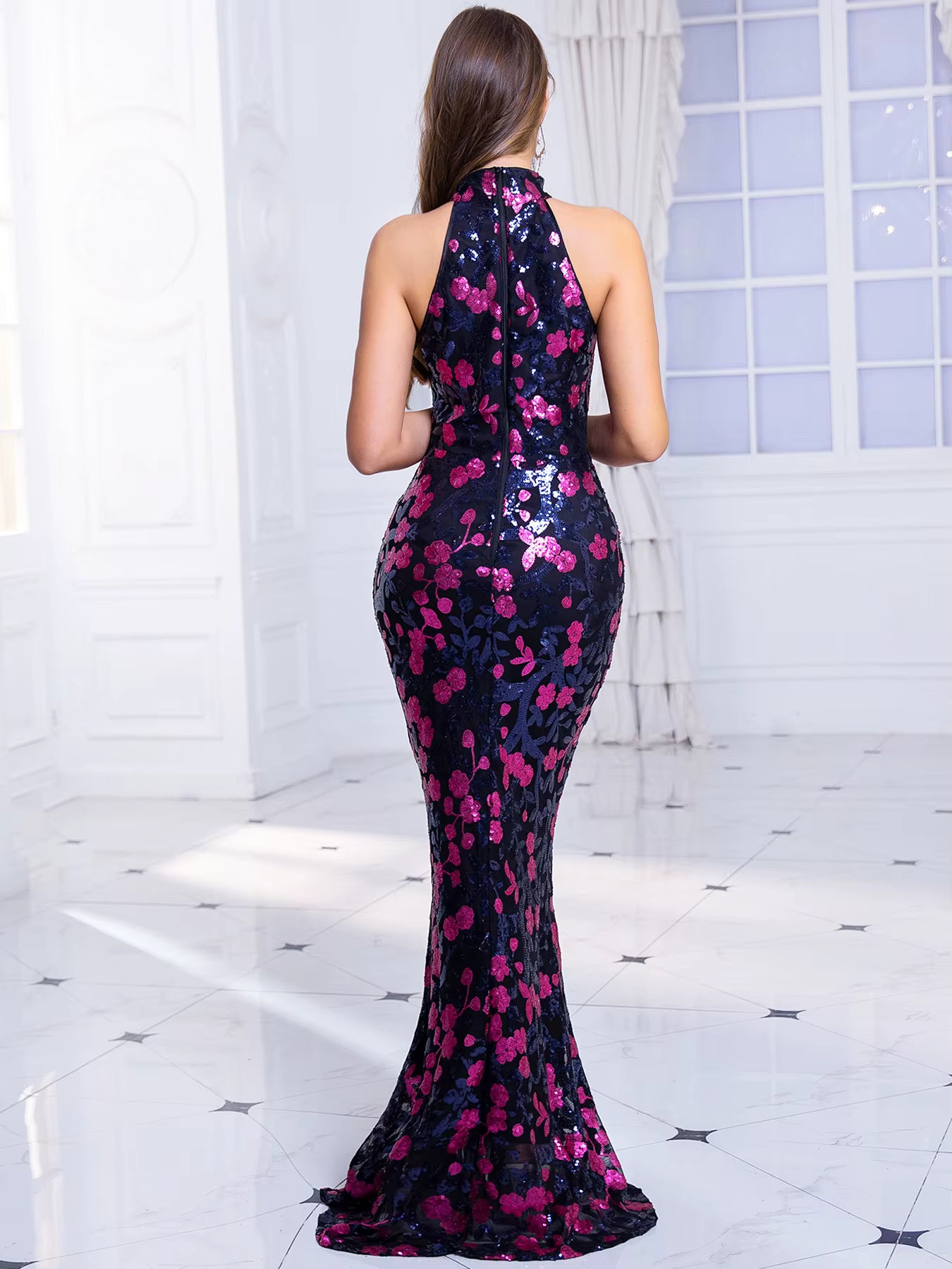 Elegant Stretch High Neck Floral Sequined Sleeveless Long Party Evening Maxi Dress