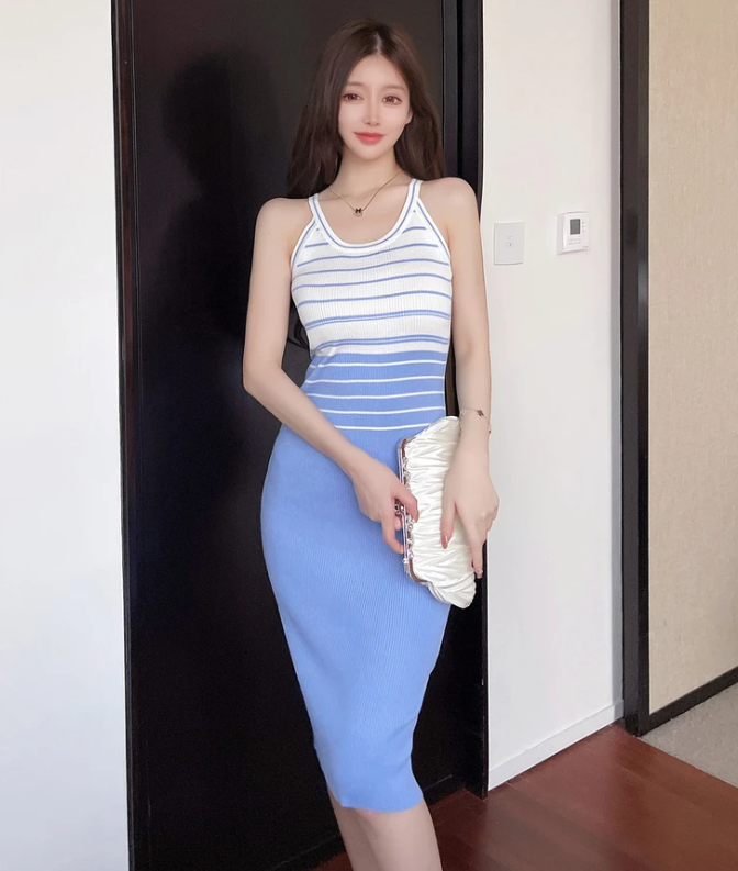 Elegant Stripe Color Block Tank Knitted Sheath Pencil Simple Bodycon Vestidos Dress