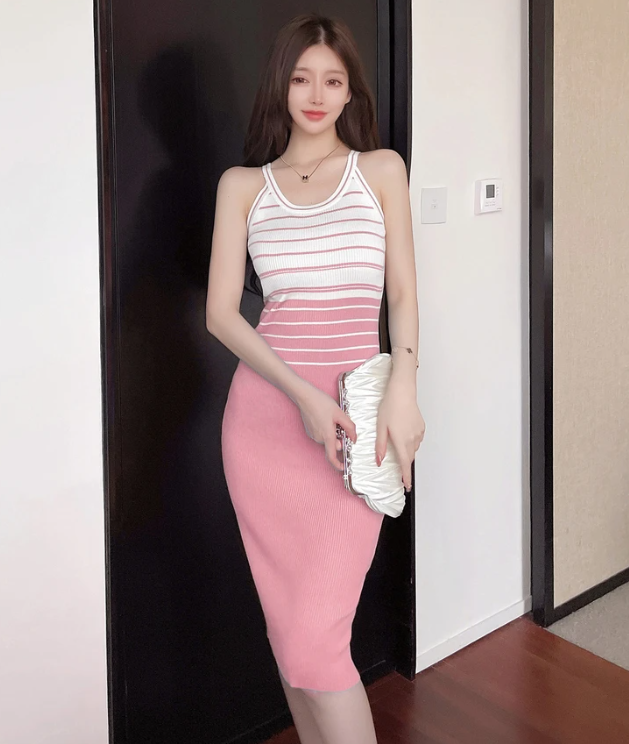 Elegant Stripe Color Block Tank Knitted Sheath Pencil Simple Bodycon Vestidos Dress